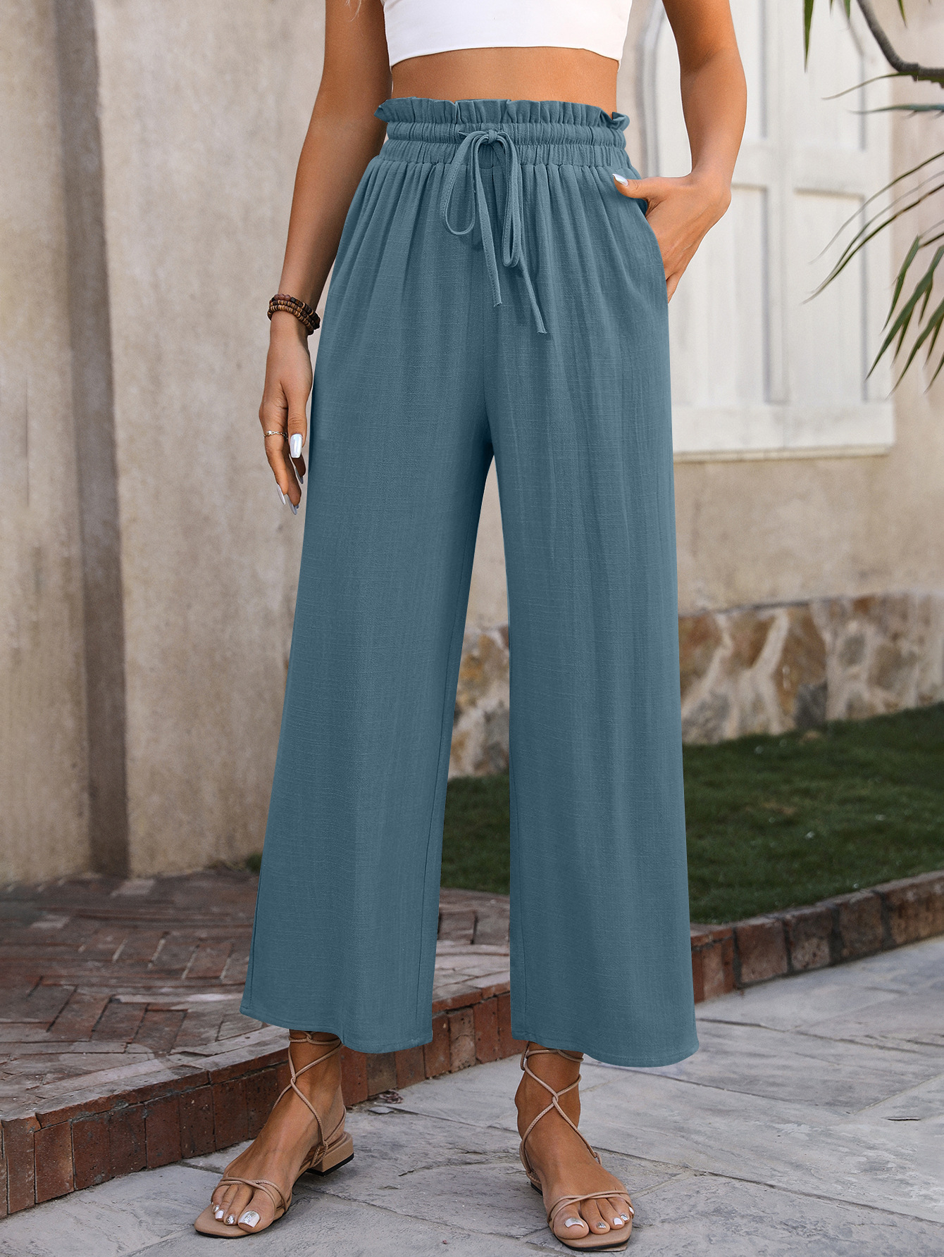 Sommerhose mit hoher Taille und weitem Bein mit Kordelzug