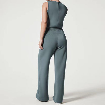 Solide Farbe Weites Bein Jumpsuit Ärmelloses Oberteil Elastische Hose Strampler