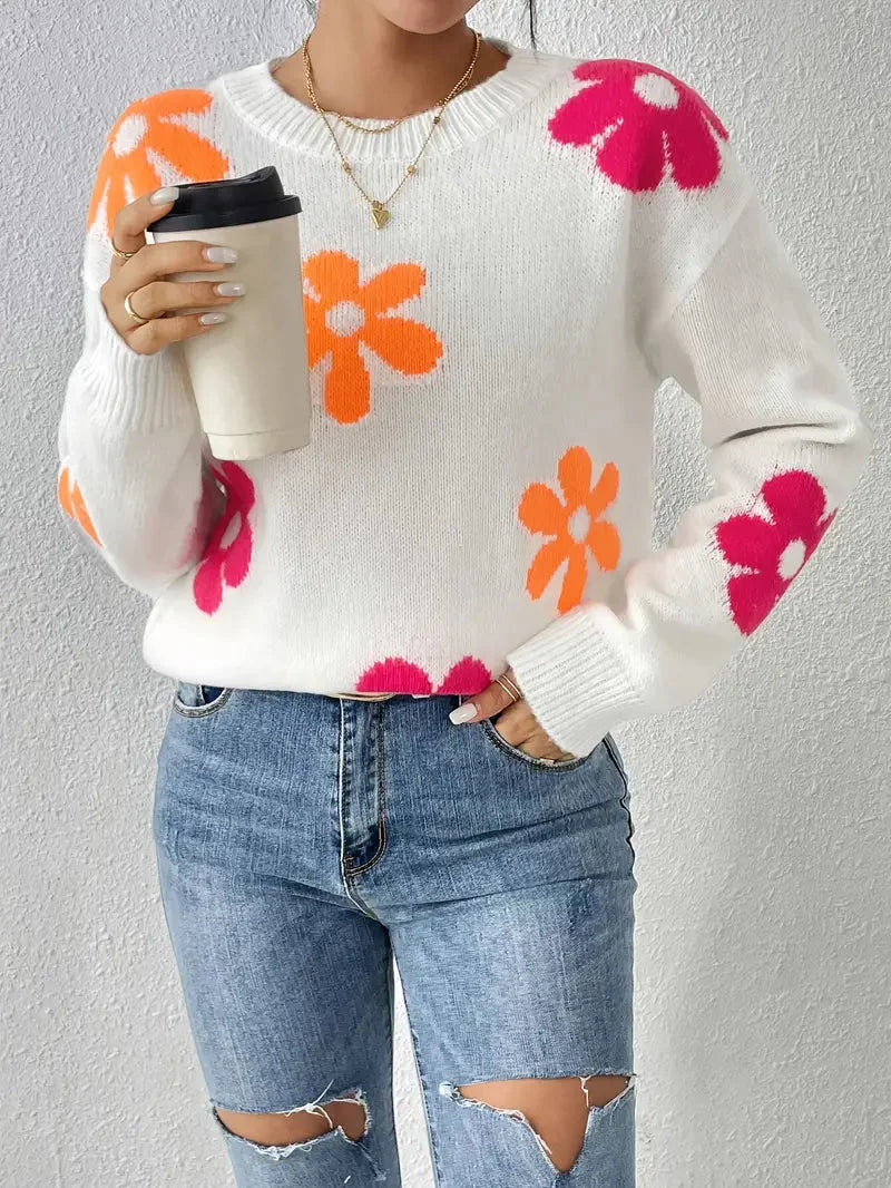 Blumenmuster Rundhals-Pullover für einen trendigen Auftritt mit langen Ärmeln