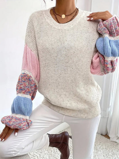 Boho Charm melierter Pullover mit langen Stufenärmeln und Rundhalsausschnitt