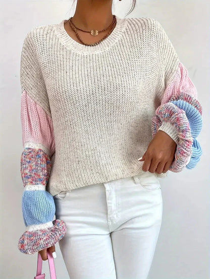 Boho Charm melierter Pullover mit langen Stufenärmeln und Rundhalsausschnitt