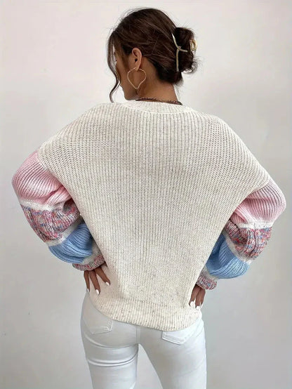 Boho Charm melierter Pullover mit langen Stufenärmeln und Rundhalsausschnitt