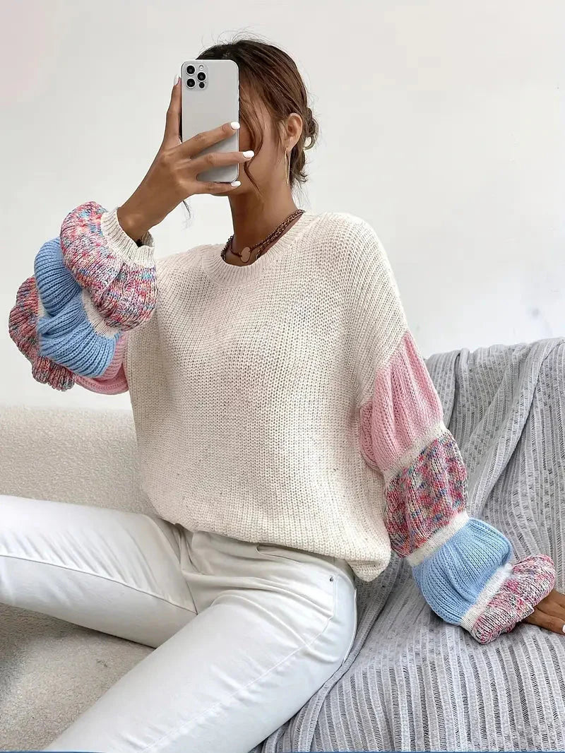 Boho Charm melierter Pullover mit langen Stufenärmeln und Rundhalsausschnitt