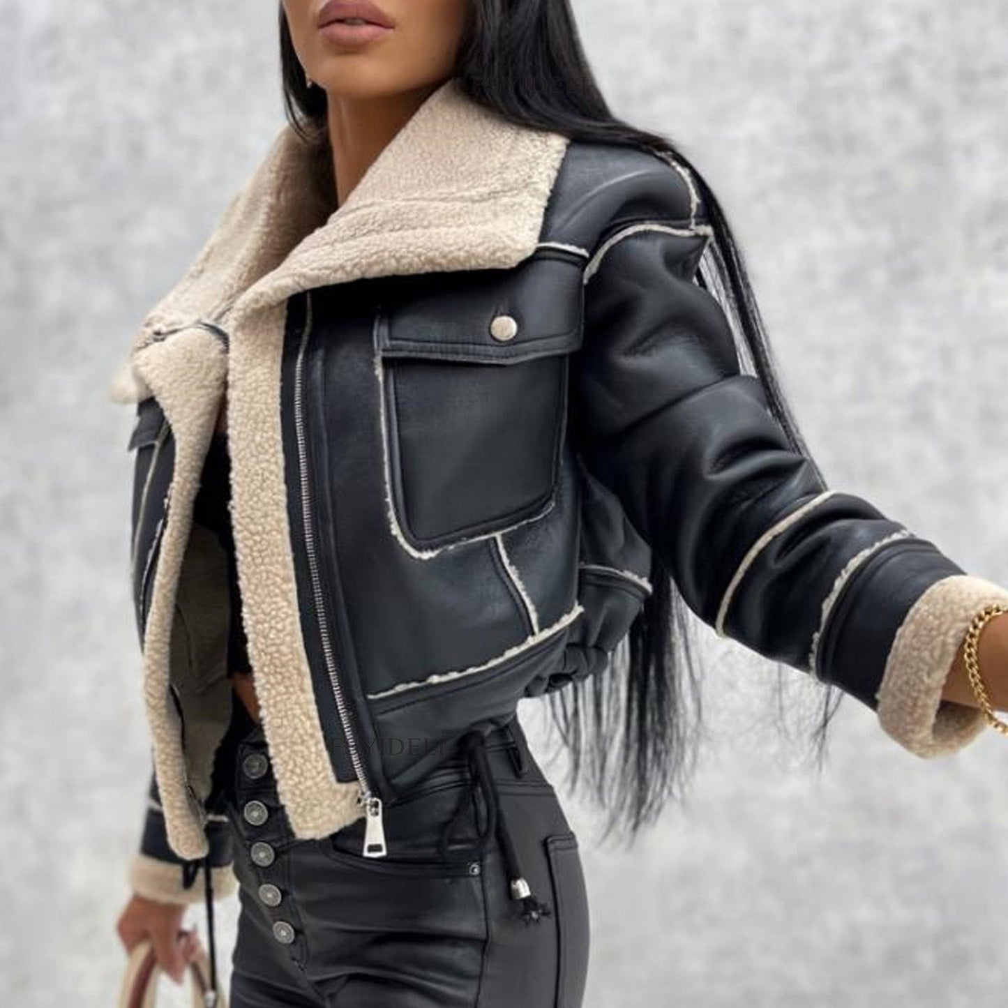 Damen Motorradjacke mit Reißverschluss und Lederdetails