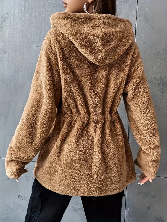 Damen Teddyjacke mit Kapuze und Kordelzug – Lässige Einfarbige Zip-Up Außenbekleidung