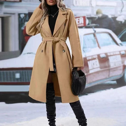 Damen Winter-Trenchcoat mit Gürtel - Modischer, Überlanger, doppelt gestreifter Mantel in verschiedenen Farben