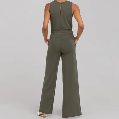 Solide Farbe Weites Bein Jumpsuit Ärmelloses Oberteil Elastische Hose Strampler