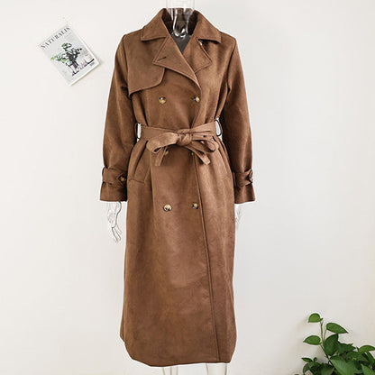 Doppelreiher Langen Mantel mit Gürtel - Eleganter Vintage Wildleder Wintermode für Damen