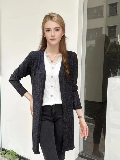 Einreihige Glitzer-Strickjacke, vielseitige Strickjacke mit langen Ärmeln