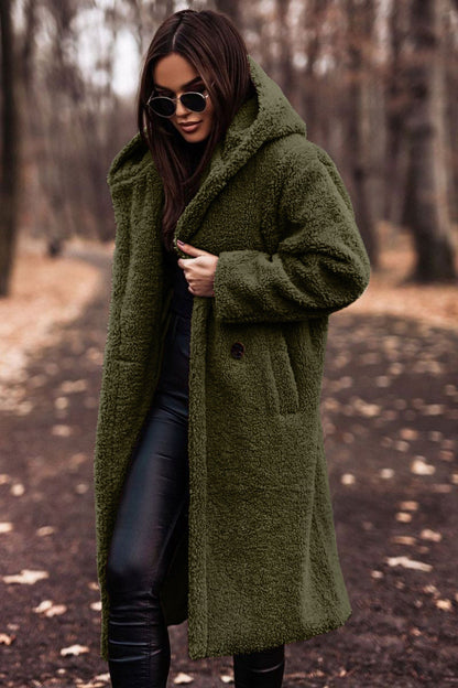 Eleganter Damen-Wollmantel mit Kapuze und langen Ärmeln in verschiedenen Farben