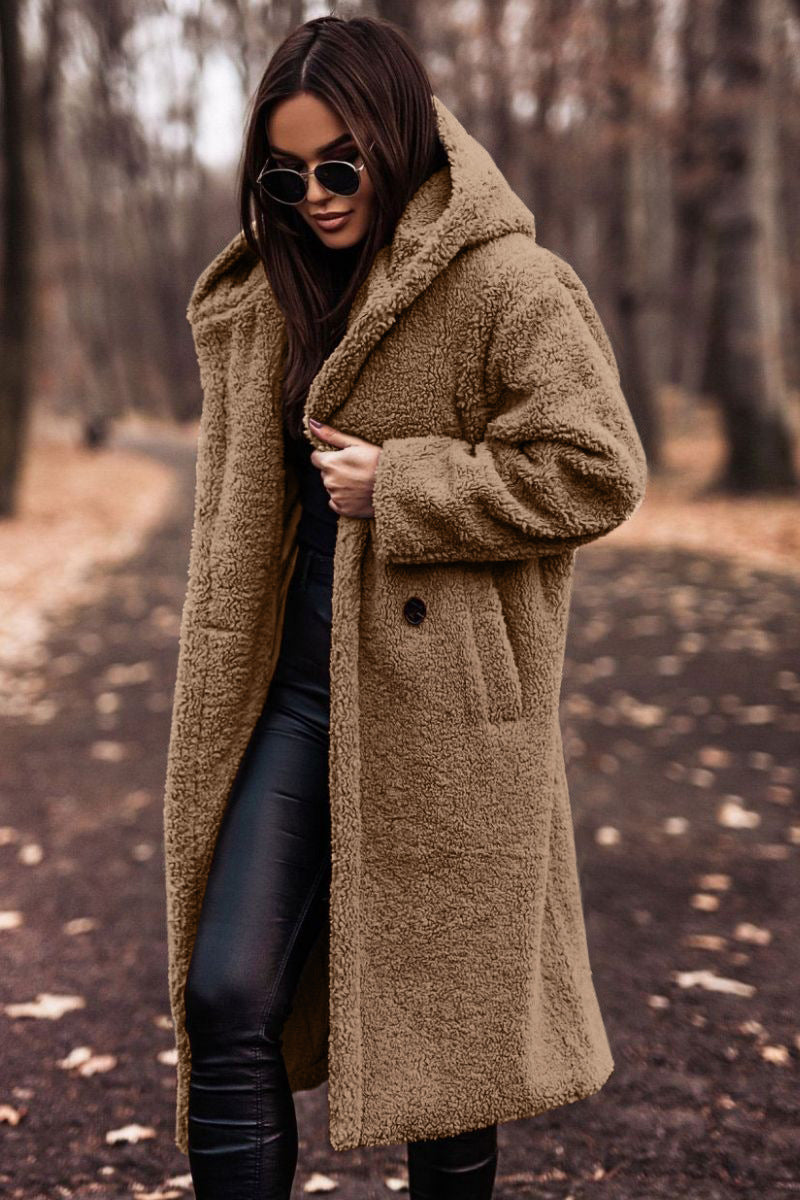 Eleganter Damen-Wollmantel mit Kapuze und langen Ärmeln in verschiedenen Farben