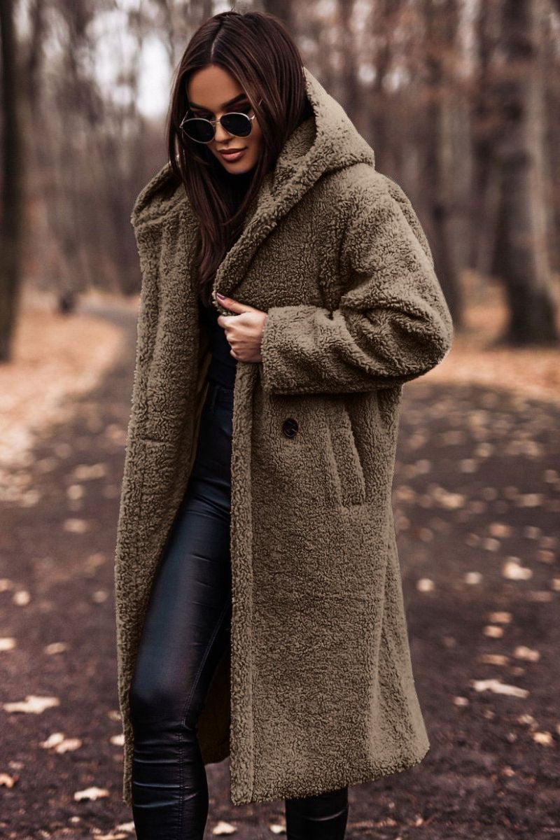 Eleganter Damen-Wollmantel mit Kapuze und langen Ärmeln in verschiedenen Farben