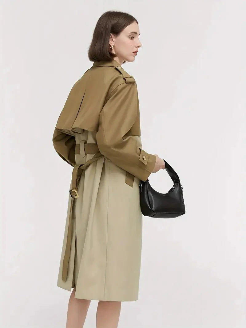 Eleganter Farbblock-Trenchcoat mit Taillengürtel und Knopfleiste für die Herbstmode