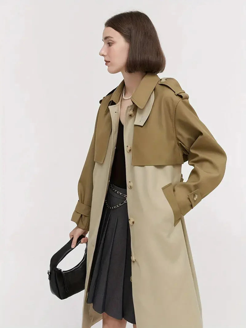 Eleganter Farbblock-Trenchcoat mit Taillengürtel und Knopfleiste für die Herbstmode