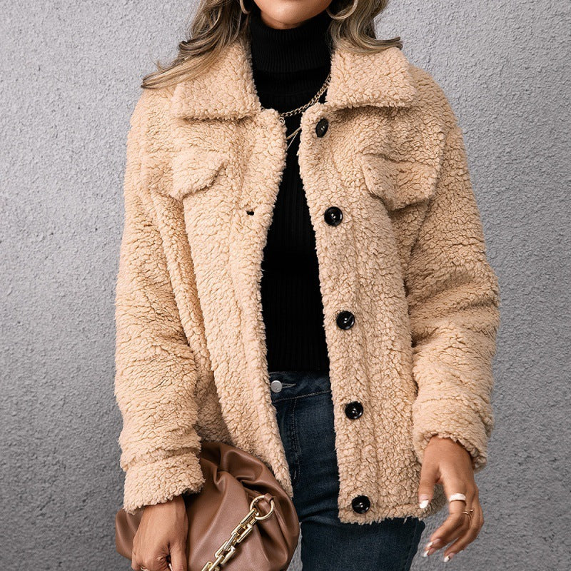 Eleganter Fleece-Blazer mit Knöpfen und Taschen für Frauen – Winterjacke in Dunkelgrün, Grau und Beige