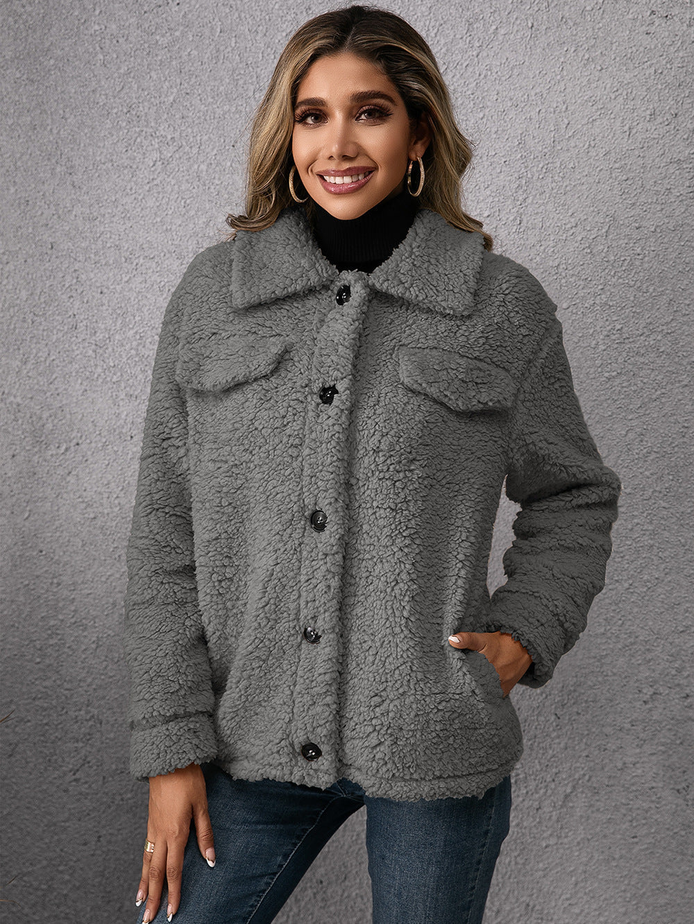 Eleganter Fleece-Blazer mit Knöpfen und Taschen für Frauen – Winterjacke in Dunkelgrün, Grau und Beige