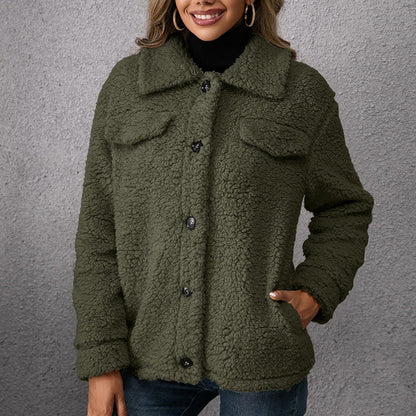 Eleganter Fleece-Blazer mit Knöpfen und Taschen für Frauen – Winterjacke in Dunkelgrün, Grau und Beige