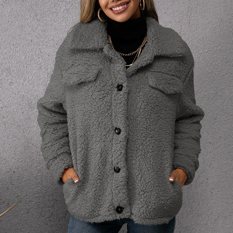 Eleganter Fleece-Blazer mit Knöpfen und Taschen für Frauen – Winterjacke in Dunkelgrün, Grau und Beige