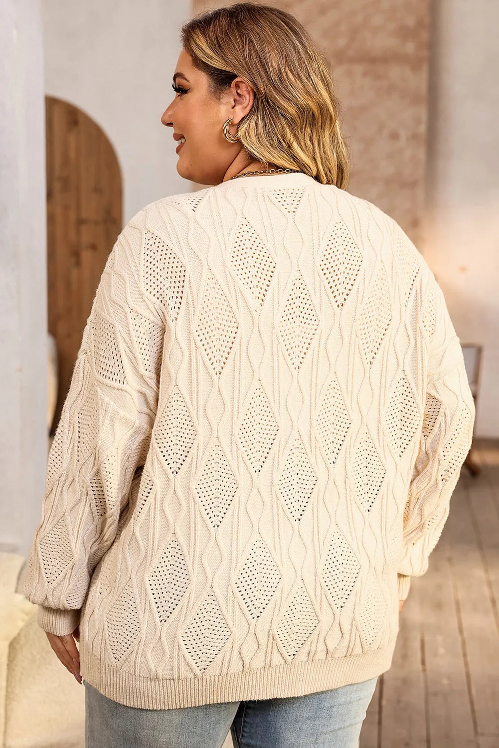 Eleganter Plus Size Strickcardigan mit Knopf und Lochmuster für jeden Anlass