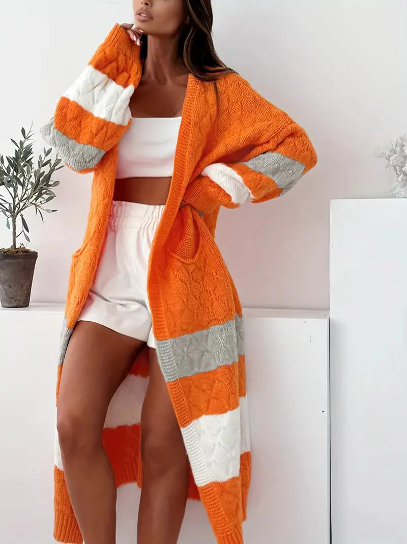 Farbblockierter Midi Cardigan mit Offener Front – Eleganz und Komfort für Jeden Anlass