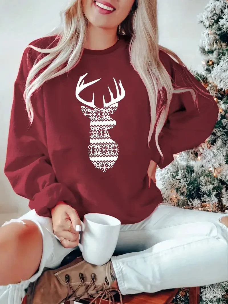 Festliches Weihnachts-Rentier Sweatshirt für Frauen - lässiger Rundhalsausschnitt, lange Ärmel