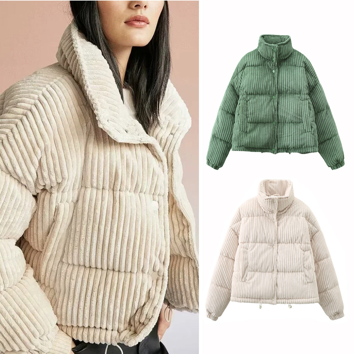 Gemütliche Kurzjacke aus Cord mit Polyesterfüllung – Bequemer Puffer-Mantel in Grün und Milky White für Damen