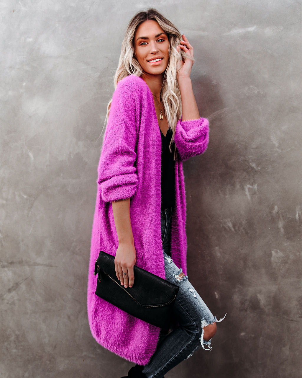 Gemütlicher Damen Fuzzy Cardigan mit praktischen Taschen - Beerenrot