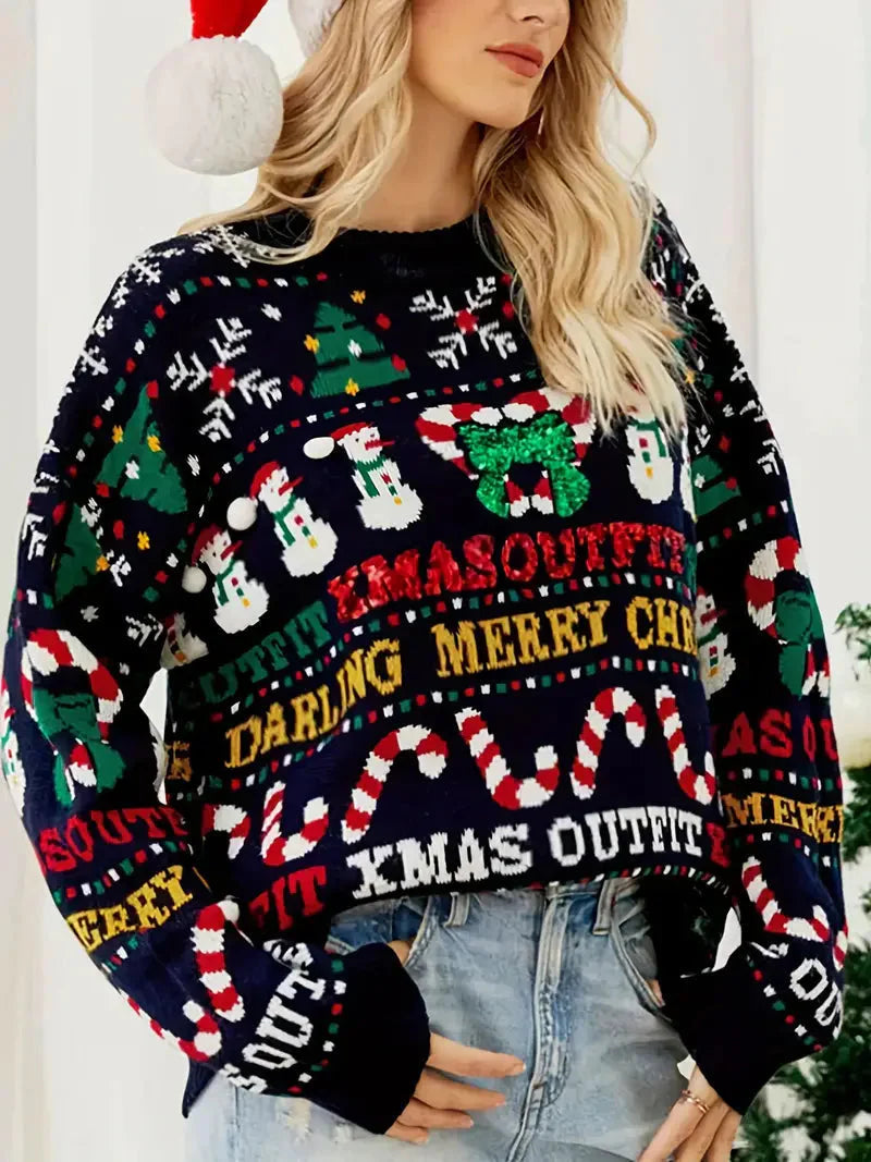 Glitzernder Weihnachts-Pailletten-Pullover für Frauen - Lässiger Rundhalsausschnitt