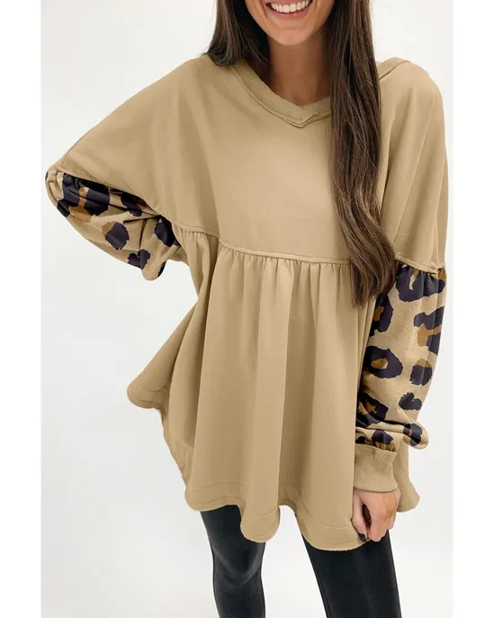 Khaki Langarm-Pullover mit Leopardenärmeln – Stylischer Animal-Print für jeden Anlass