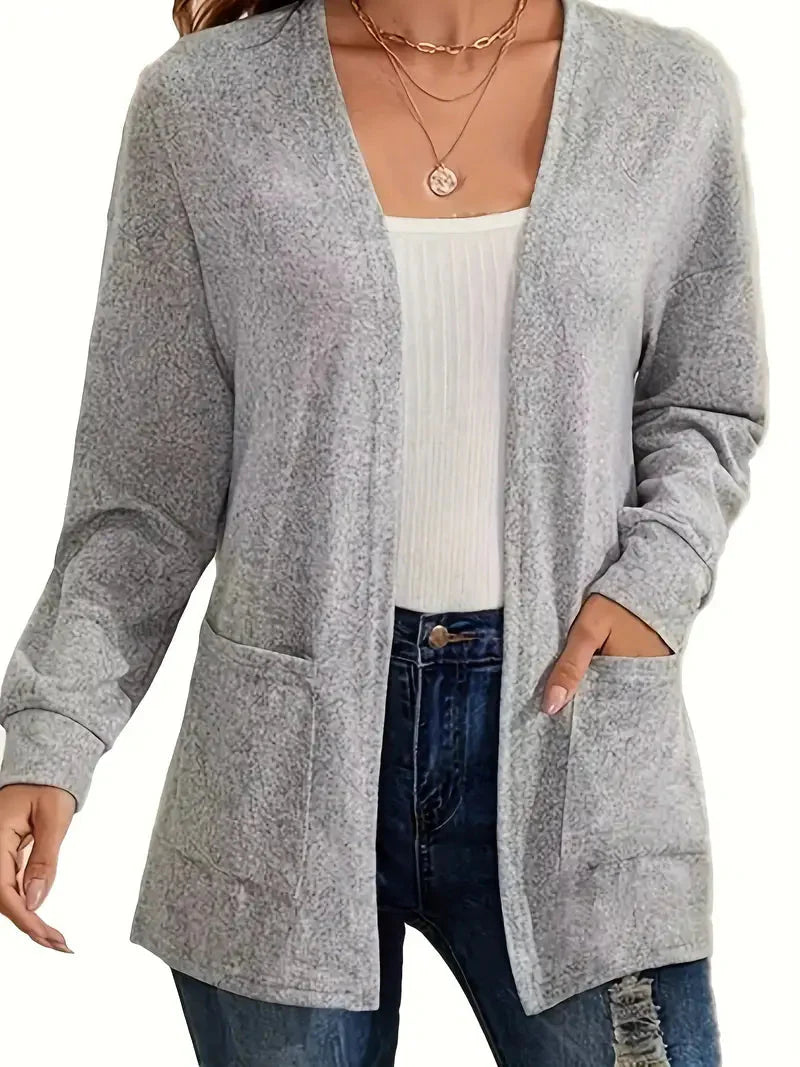 Klassischer Plus-Size Cardigan mit Offener Front und Praktischen Taschen