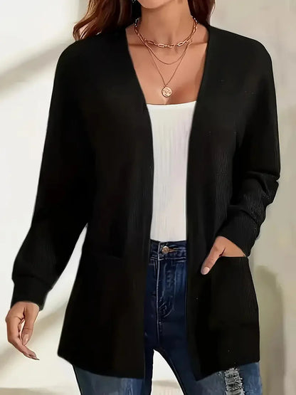 Klassischer Plus-Size Cardigan mit Offener Front und Praktischen Taschen