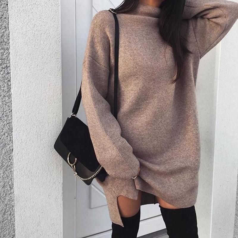 Langärmeliger Pullover mit Hohem Kragen und Seitenschlitzen für Elegante Looks