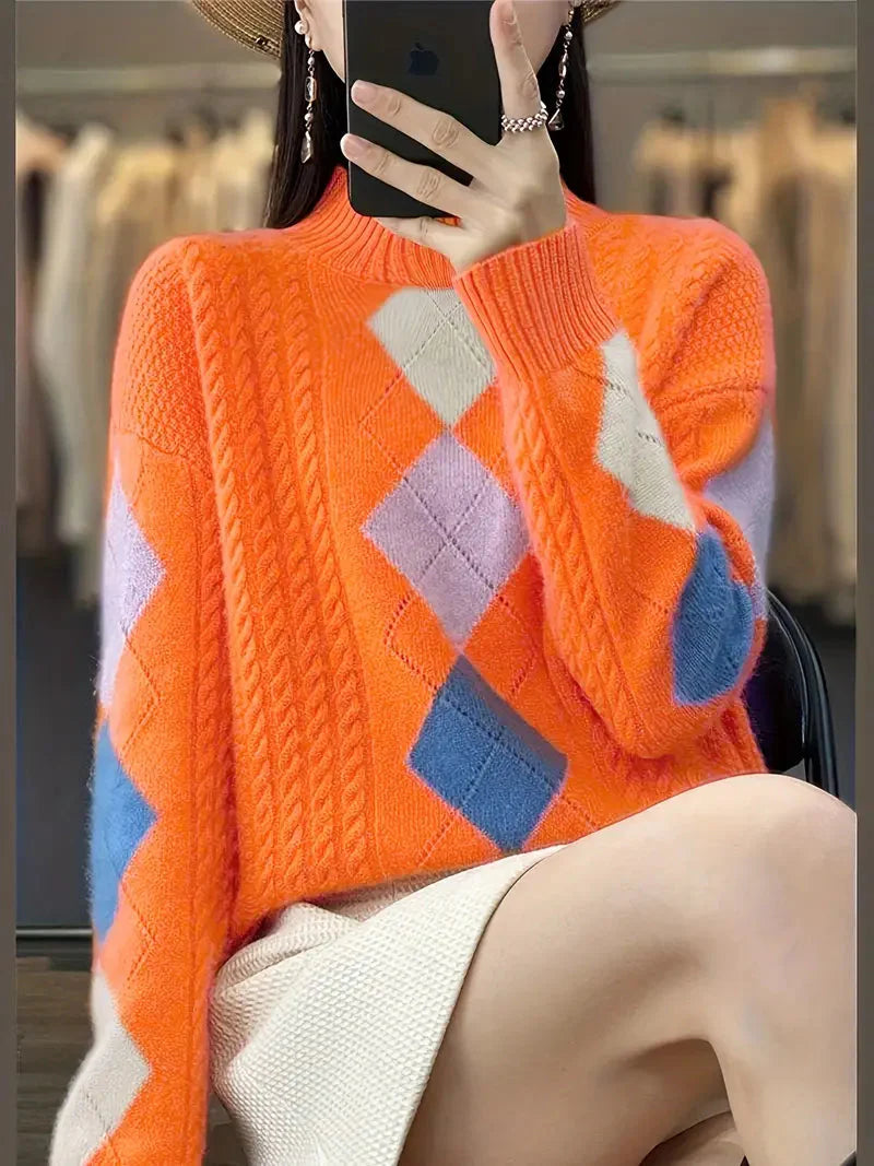 Lebendiger Boho Rollkragenpullover in Orange – Trendiger Winterlook für Damen