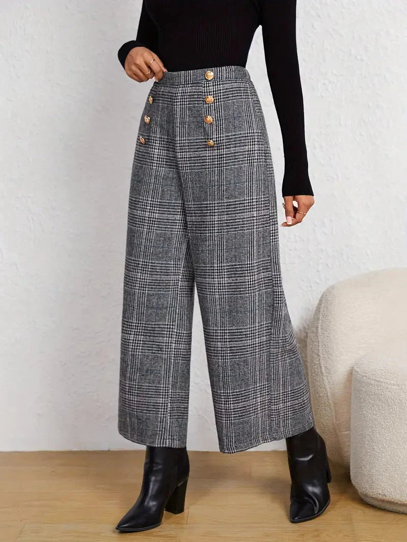 Schicke karierte Hose mit hoher Taille und weitem Bein – Buttoned Elegance