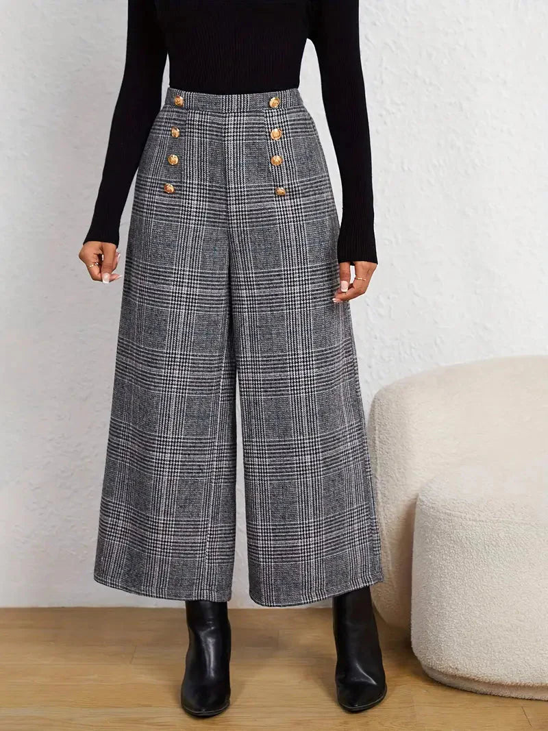 Schicke karierte Hose mit hoher Taille und weitem Bein – Buttoned Elegance