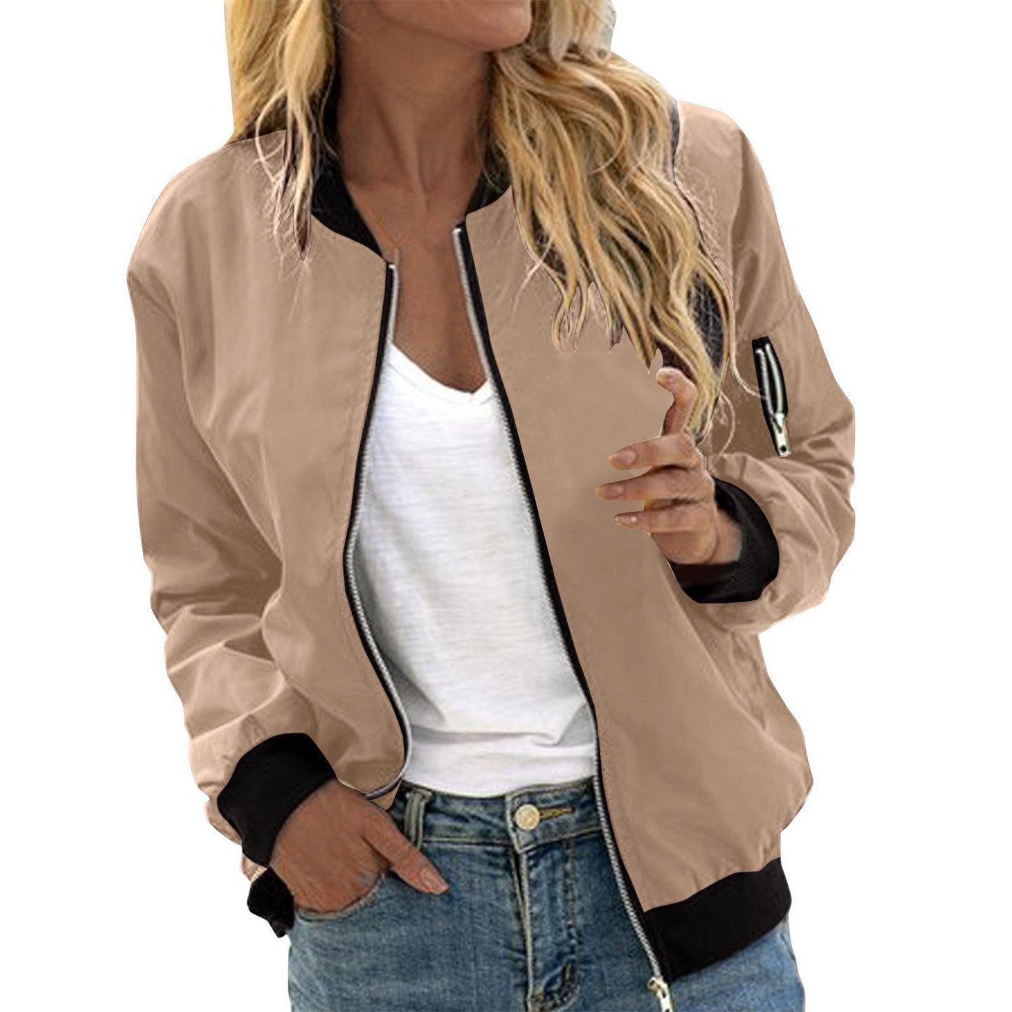 Stylische Baseballjacke für Damen mit Reißverschluss – Mode in Einfarbig aus hochwertigem Polyester