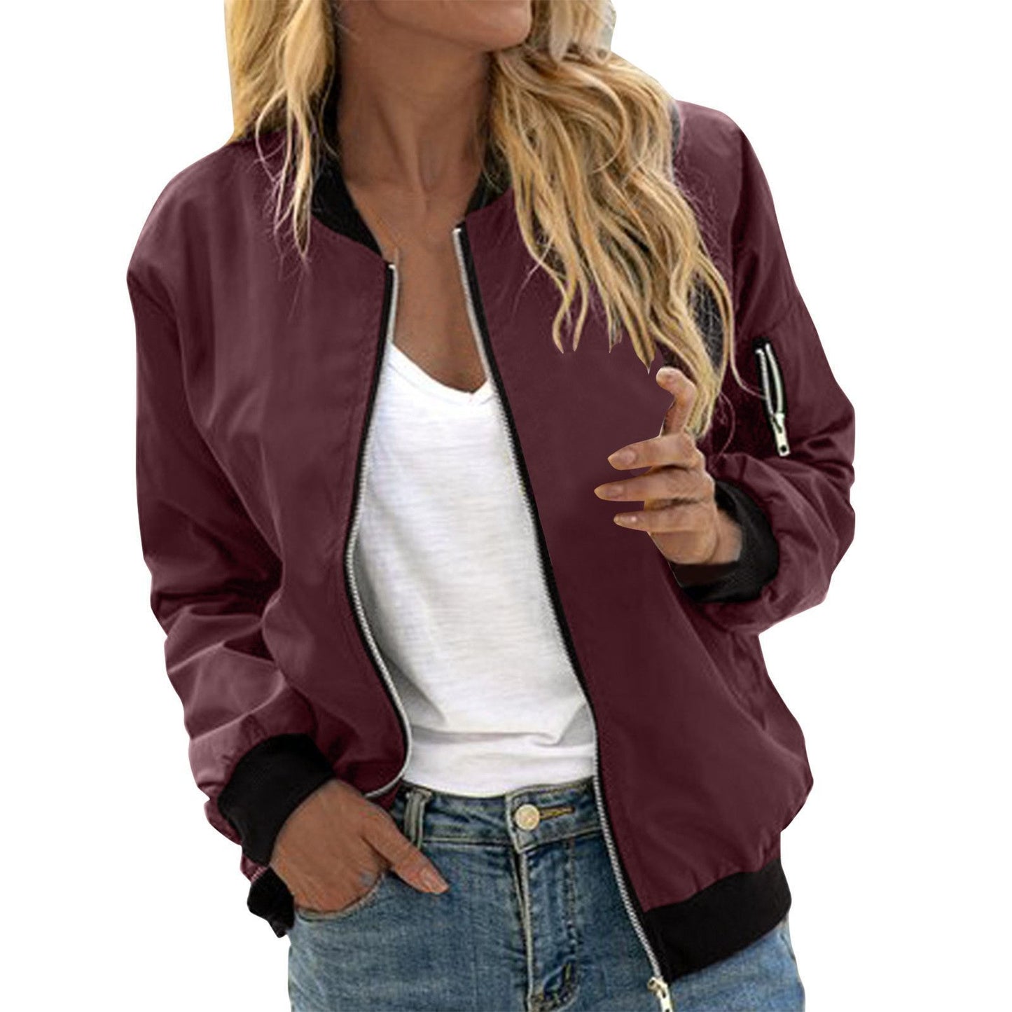 Stylische Baseballjacke für Damen mit Reißverschluss – Mode in Einfarbig aus hochwertigem Polyester