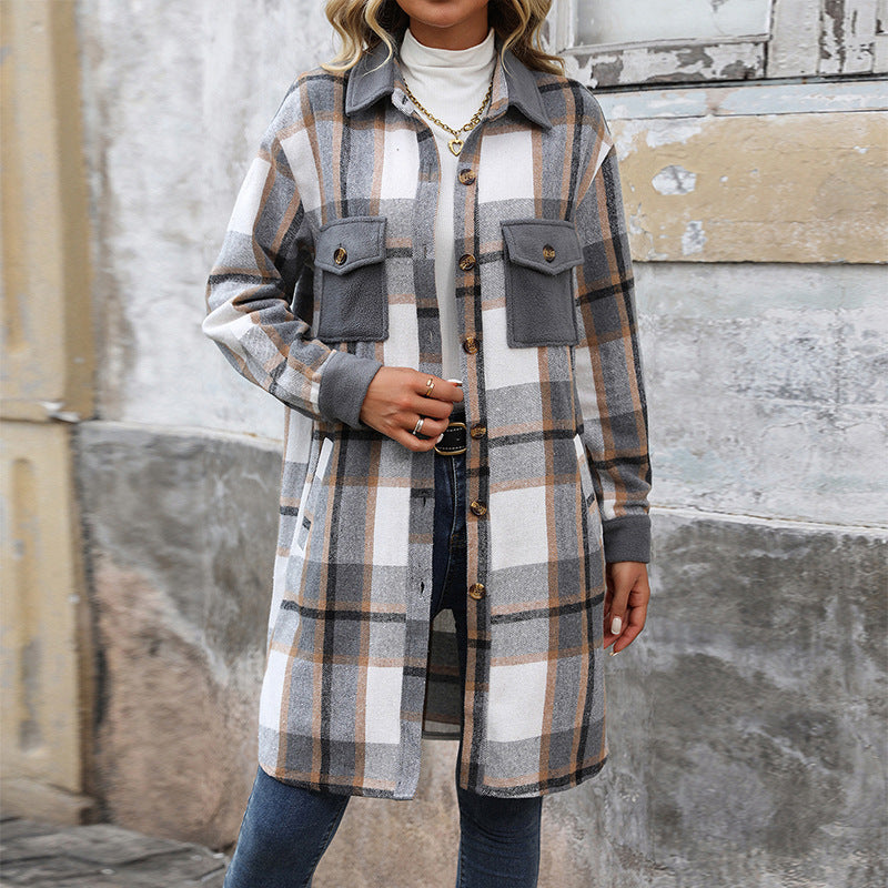 Stylischer Langmantel mit Karomuster und Taschen – Modische Winterjacke für Damen