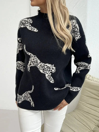 Stylischer Leopardenmuster-Winterpulli mit hohem Kragen