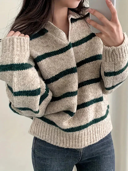 Stylischer Winterpullover mit V-Ausschnitt und Streifen – Kuscheliger Langarm-Strick für kalte Tage