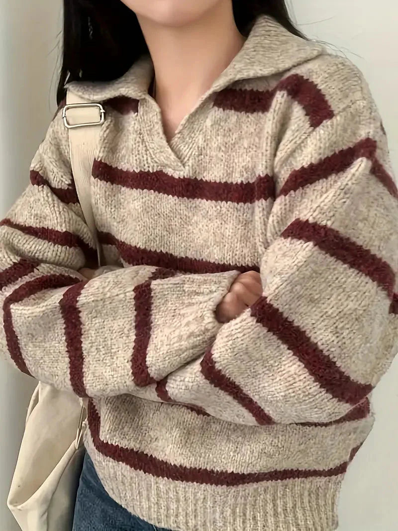 Stylischer Winterpullover mit V-Ausschnitt und Streifen – Kuscheliger Langarm-Strick für kalte Tage