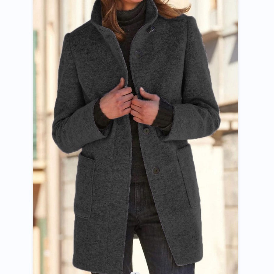 Stylischer Wollmantel mit Stehkragen und Taschen für Damen – Elegante Herbst-Winter-Outwear mit Knöpfen