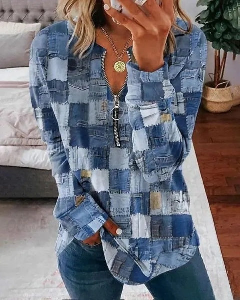 Stylisches Langarmshirt mit Reißverschluss und Denim-Look – Perfekt für Casual-Looks