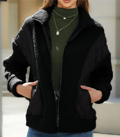 Wärmende Damen-Sherpa-Jacke mit Reißverschluss und stylischen Steppdetails