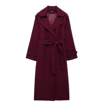 Weinroter Eleganter Trenchcoat mit Gürtel im Retro-Stil