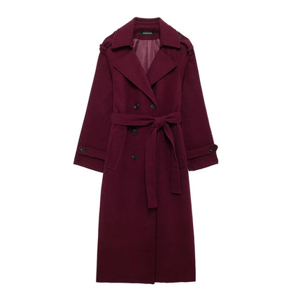 Weinroter Eleganter Trenchcoat mit Gürtel im Retro-Stil